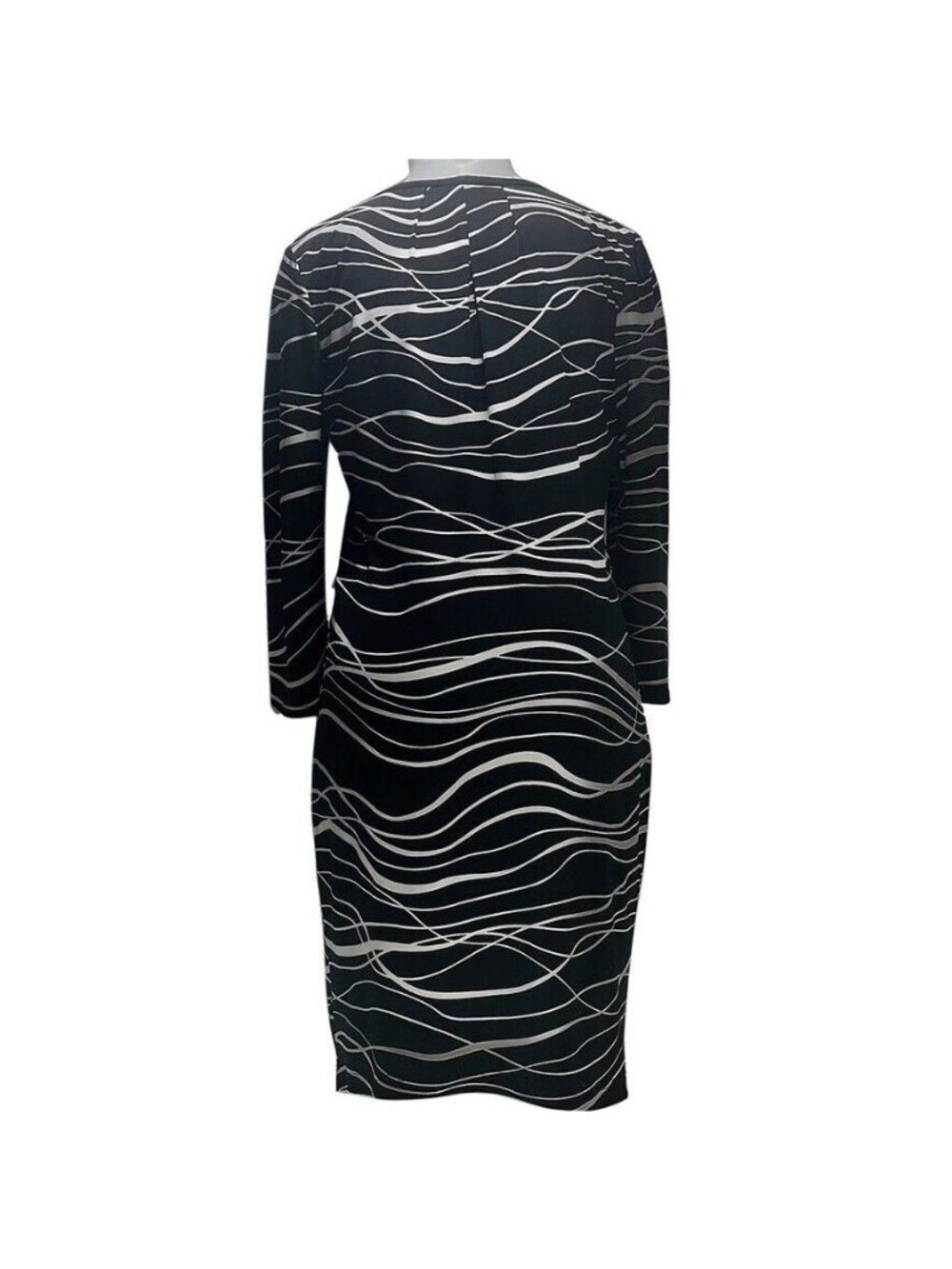 Black & White Wave Print Long Sleeve Dress Scoop Neckline Knee Length Size M - Picture 9 of 10